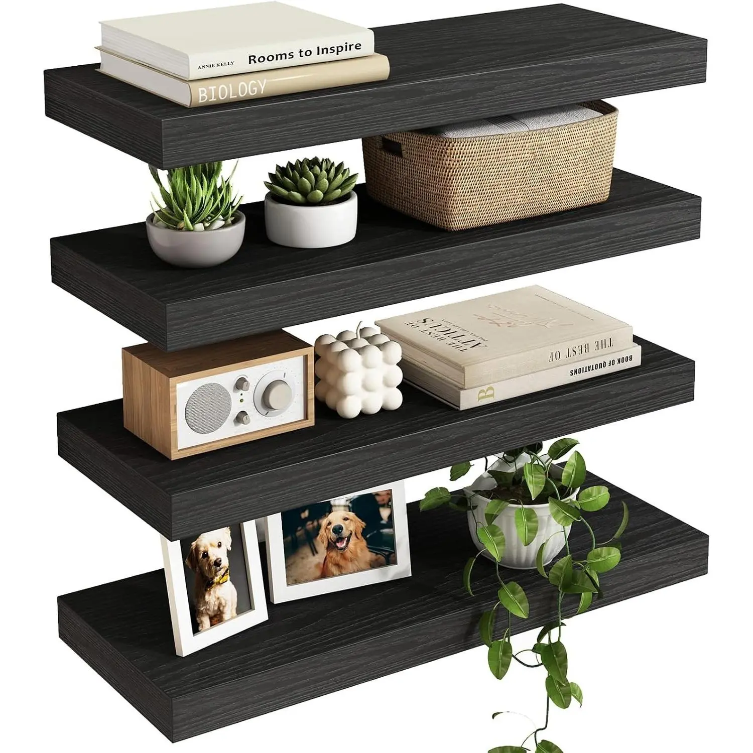 Black Floating Shelves for Wall, Rustic Wood Shelves for Bathroom, Living Room, Bedroom and Kitchen, Wall Shelves for Storage, Books, Room Decor (Set of 4, 15.7 Inch)