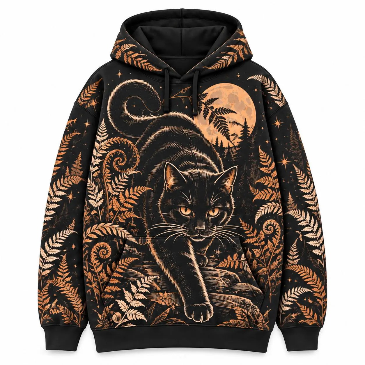 Women's Long Sleeve Polyester Halloween Graphic Print Pullover Hoodie - Black Cat, Moon Fern Forest Design, Kangaroo Pocket, Witchy Gothic Fall Streetwear, Menswear Aesthetic Tops for Women