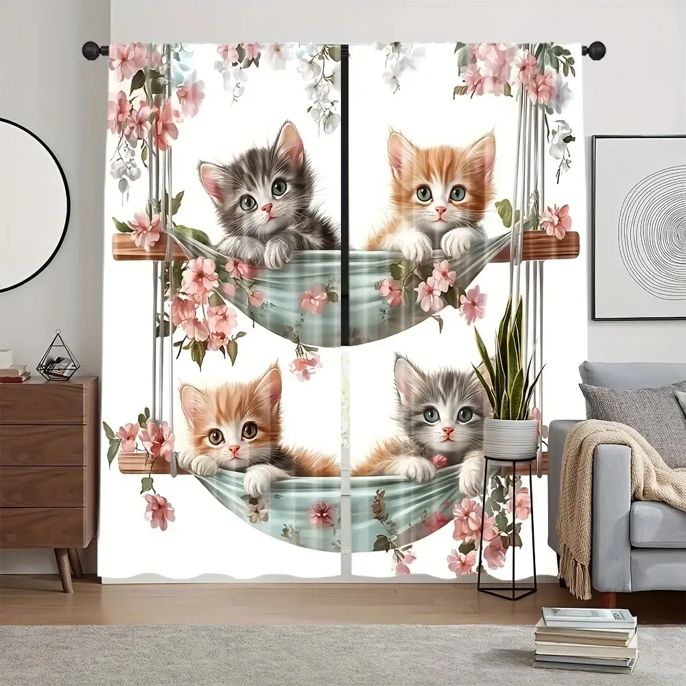 2 Piece Vintage Curtains Set, Window Drapes, Animal Cat Hammock and Flower Design, Large Fabric, Suitable for Living Room, Bedroom, Office Decor