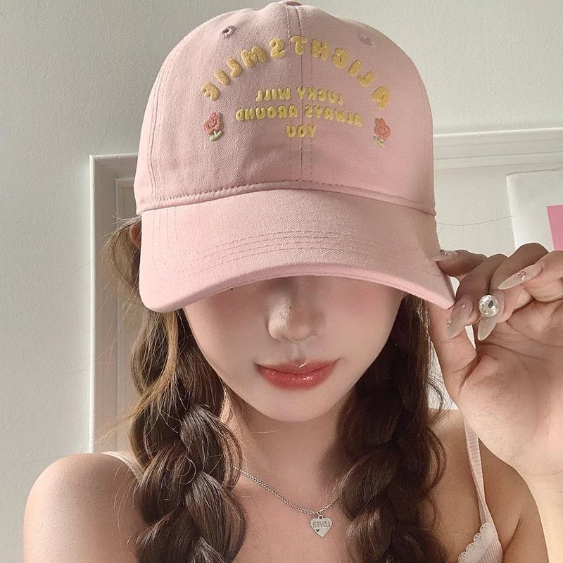 Floral pink letter baseball cap for women with large head circumference, soft top, wide brim, makes the face look smaller