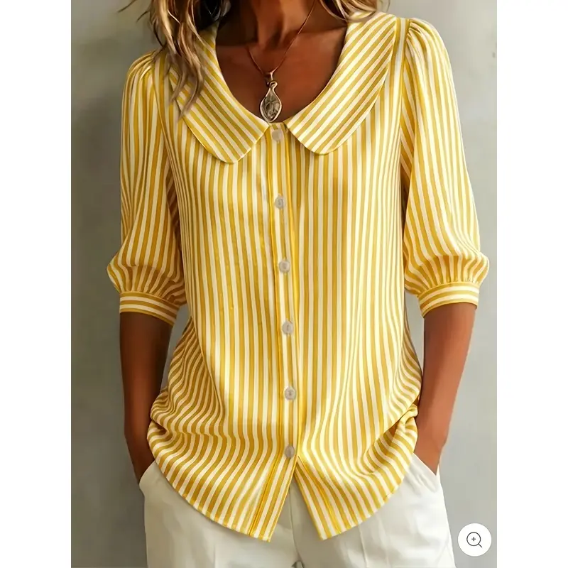 Women's Striped V-Neck Mid-Sleeve Casual Blouse - Polyester Blend Sportswear Shirt with Medium Stretch, Versatile Knit Top for Daily Commuter Use