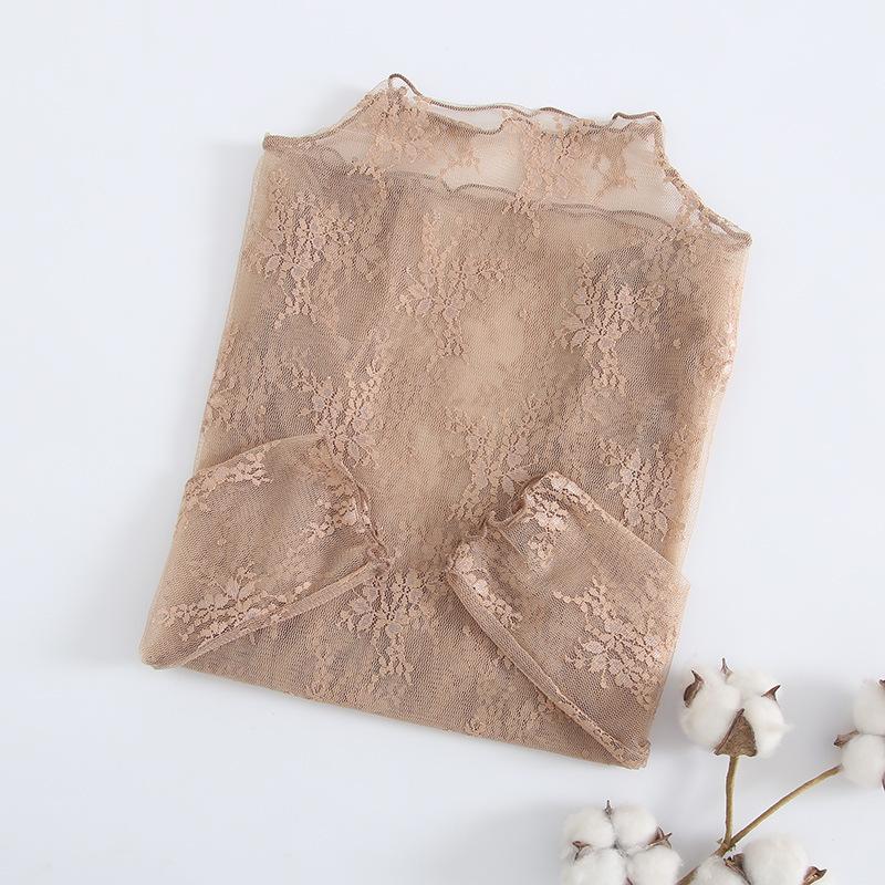 Lace Undershirt for Women 2025 New Style Semi High Neck Shirt Mesh Long Sleeved Sexy Top