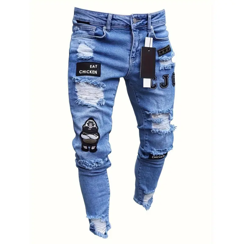 Men's Slim-Fitting Ripped Holes Joggers, Trendy Embroidered Graphic Pants for Athletes, Ideal for Gym & Casual Wear