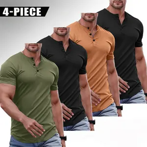 Mult-Pack Men’s Fashion Short Sleeve Henley Shirts, Solid Color, Elastic & Skin-Friendly Fabric, Button Placket Henley Neck Tees; Vintage Y2K Casual Streetwear Basic Tops for Men; Perfect for Daily Hangouts, Basketball, Surfing and All Outdoor Activities;