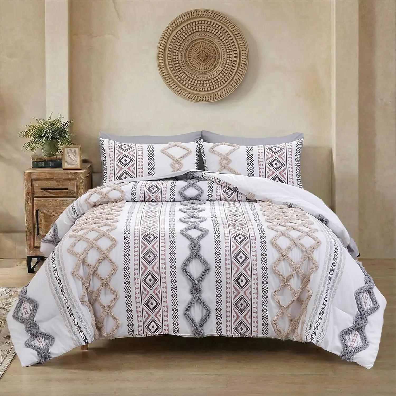 Beige and Gray Tufted Comforter Set King Size 5 Pieces Farmhouse Bedding Set 100% Soft Microfiber Boho Aztec Bedroom Comforter Set Style Ethnic Boho Tufted Bed Set for All