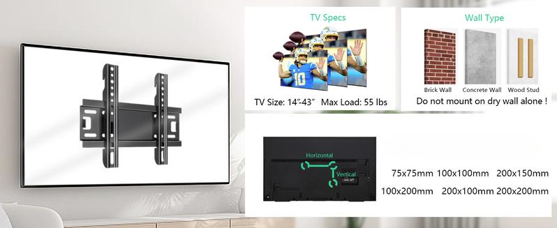 Fixed TV Wall Mount for 14-43 Inches Flat Screen TVs, Low Profile TV Mount Bracket Hold Up 55lbs, Wall Mount Bracket Flush Mount Space Saving, Max VESA 200x200mm