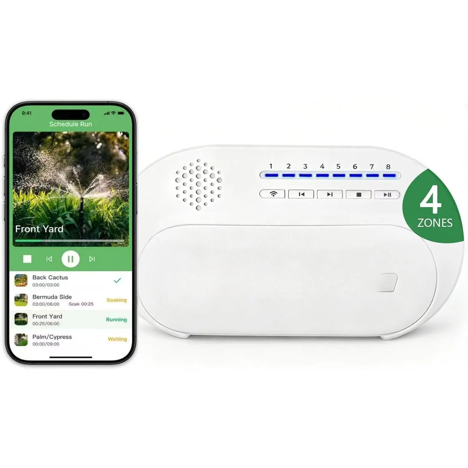 Indoor  Sprinkler Controller- Mini 4-Zone WiFi Auto Irrigation | Flexible watering schedules, up to 24 daily timers for  lawns, auto weather skip, easy install, app & voice remote control