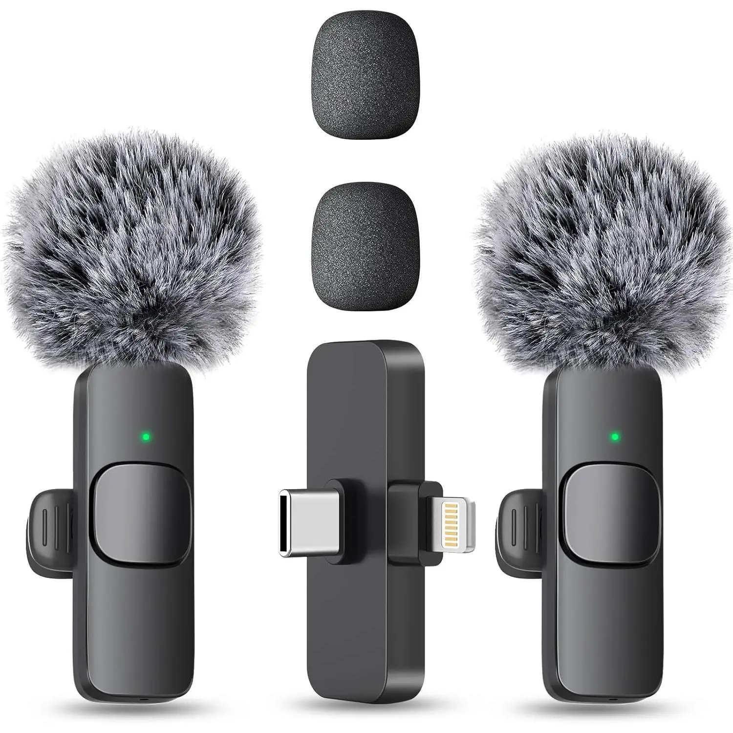 MAYBESTA 2in1 Wireless Lavalier Microphone System Dual Interface Plug and Play Mic for iPhone 14 15 16 Android Laptops Omnidirectional Noise Cancelling Lav Mic with Windscreens for Vlogging TikTok YouTube Video Calls Outdoor Recording