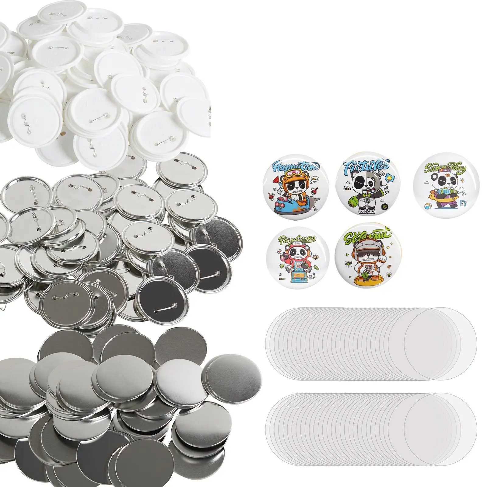 【Summerfinds】VEVOR 200 Sets 3 inch 75mm Pin Back Button Parts, DIY Round Button Badge Parts, Set Includes Metal Top, Plastic/Metal Button, Clear Film, and Blank Paper For Gifts Presents, Machine NOT Included
