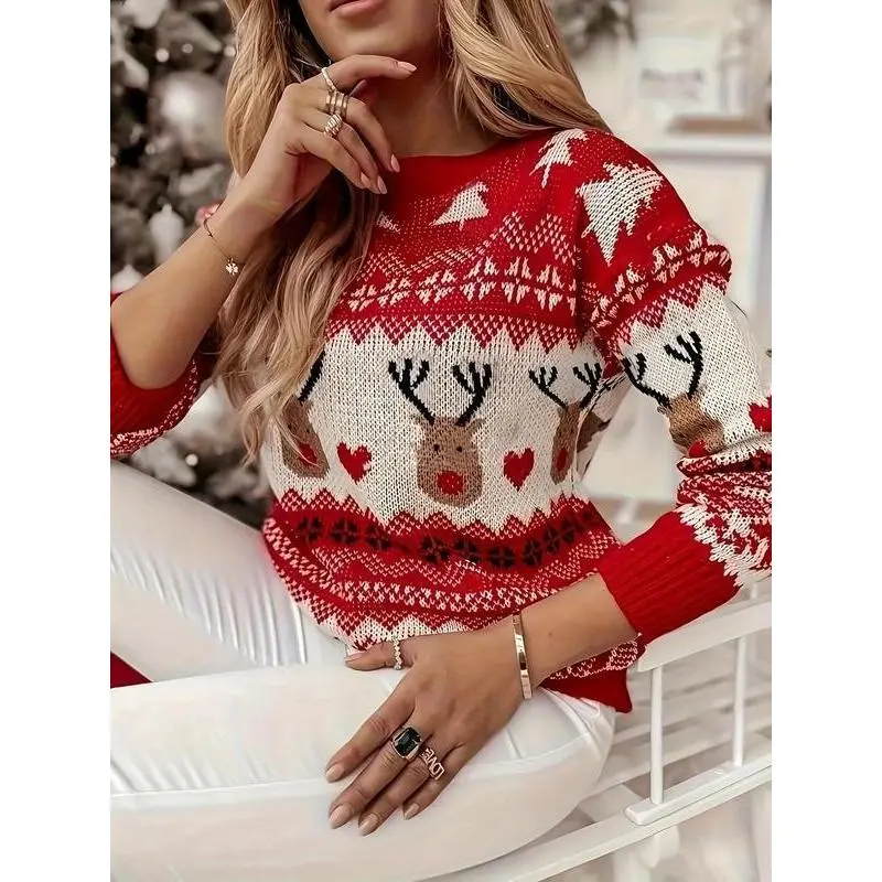 Women's Christmas Deer Pattern Sweater, Cute Long Sleeve Round Neck Top, Fall & Winter Fitted Women's Clothing