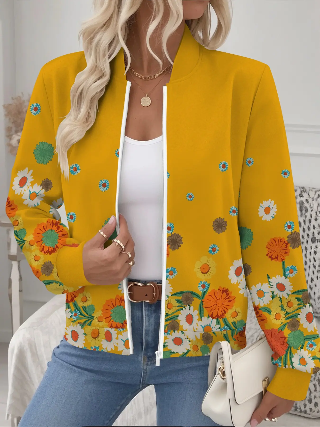 Women's Stand Collar Zipper Baseball Jacket Coats, Mustard Daisy Floral Print, Long Sleeve Lightweight Casual Streetwear Outerwear