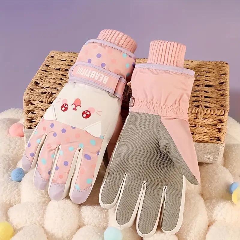 1 Pair Kids Ski Gloves Winter Boys Girls Snow Windproof Cold-Resistant Thickened Five-Finger Gloves Cute Cartoon Outdoor Thickened Fleece Split-Finger Gloves Suitable for Outdoors Play Suitable for 5-10 Years Old Children