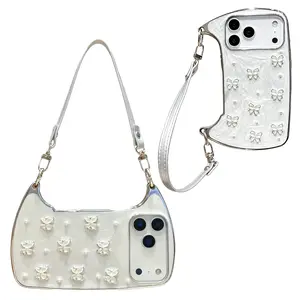 (Case & Nova.)Luxury Drip Glaze Handbag Shape Phone Case, Electroplated Frame 3D Pearl Butterfly Decor with Detachable Wrist Strap Hard Cover for iPhone 17 Pro Max, 16, 15, 14, 13, 12, 11 shockproof slim