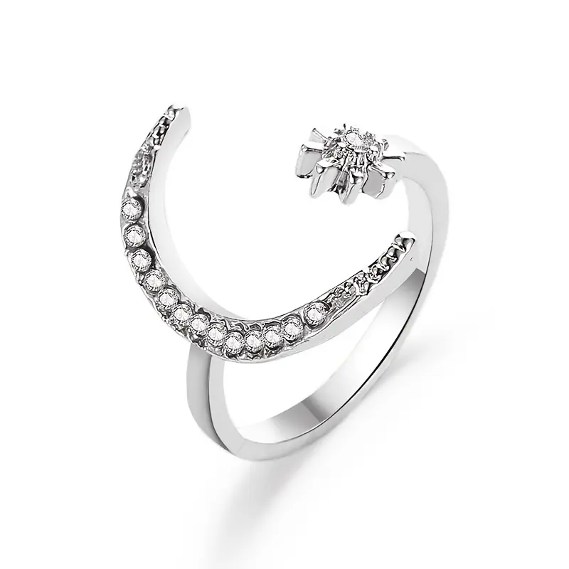 Women's Resist-Tarnish Silver-Tone Alloy Crescent Moon Open Ring - Adjustable Open Size, Sentimental Zircon Stones Crystal Rings, Dainty Statement Jewelry for Anniversary Birthday Gifts (Daily & Party Wear), Zircon Crystals, Everyday
