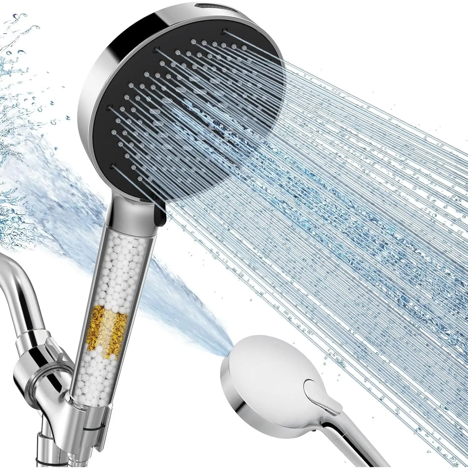 Certified High Pressure Filtered Handheld Shower Head for Hard Water, Removes Chlorine, 9 Spray Settings with Power Wash, Anti-Clog Nozzles, 1 Filter Included, Chrome Silver