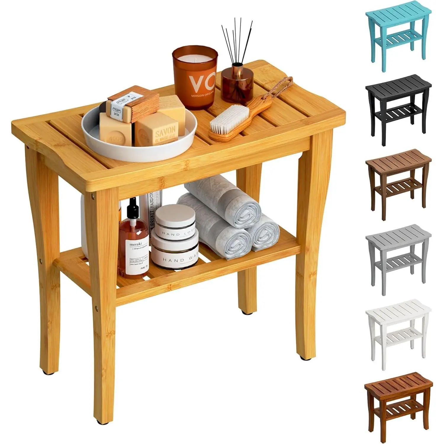 Waterproof Bamboo Shower Bench Stool with Storage Shelf, Spa Bath Shower Chair Seat for Inside Shower, Bathroom Bench for Adults Elderly Seniors, Suitable for Indoor & Outdoor Use