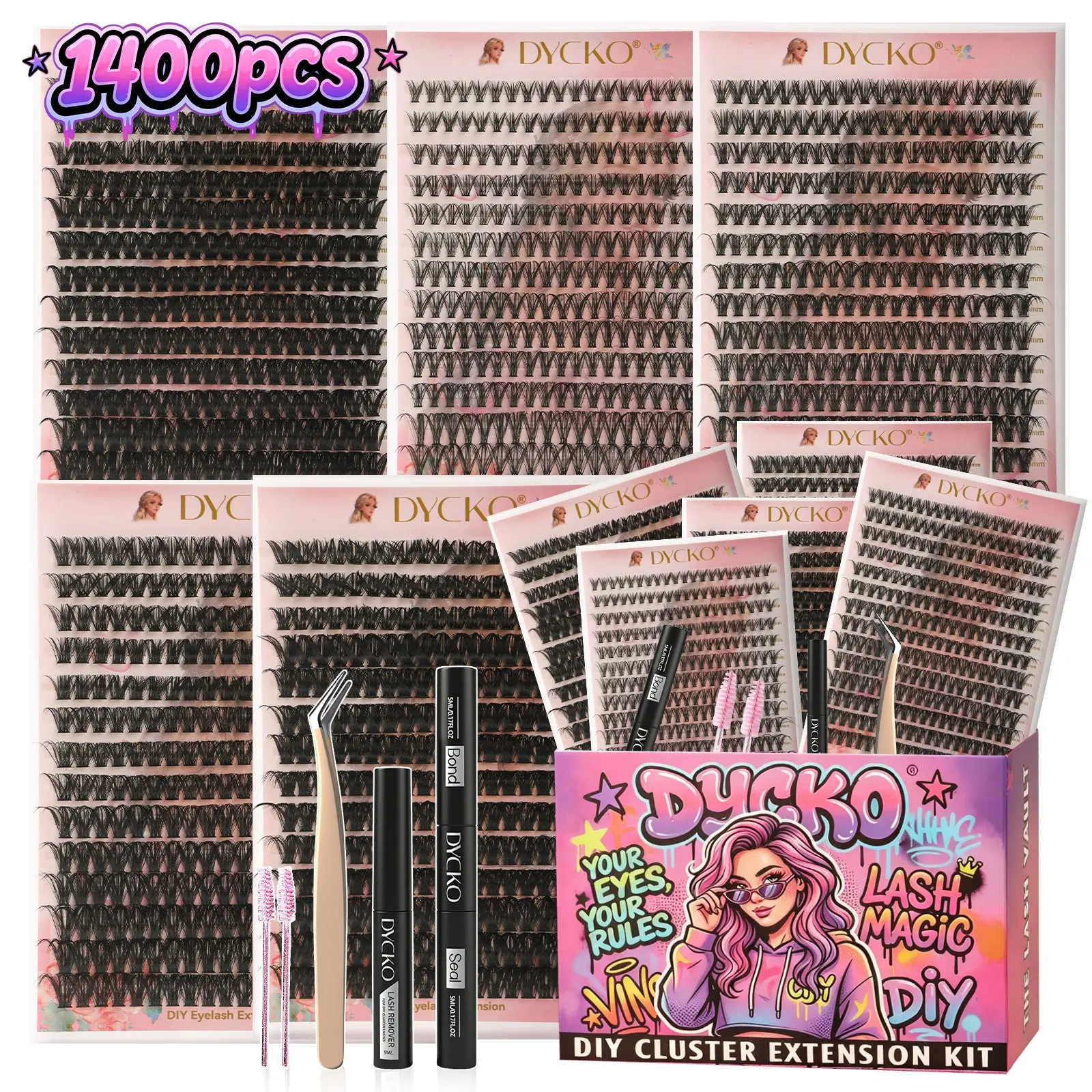 DYCKO 1400PCS Mega Lash Cluster Extension Kit with Bond and Seal Remover Tweezer, D Curl 30D-100D Natural Wispy Glam Volume DIY Eyelash Extensions Starter Kit, Long Lasting Beginner Friendly