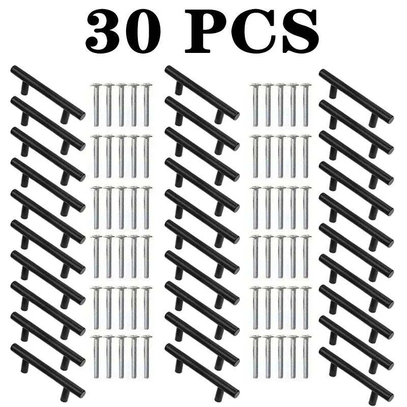 30-Pack Polished Matte Black Stainless Steel Cabinet Handles - 15cm Drawer Pulls, 9.6cm Center-to-Center Hole Spacing, Incluing Hardware, Perfect for Kitchen and Home Drawers