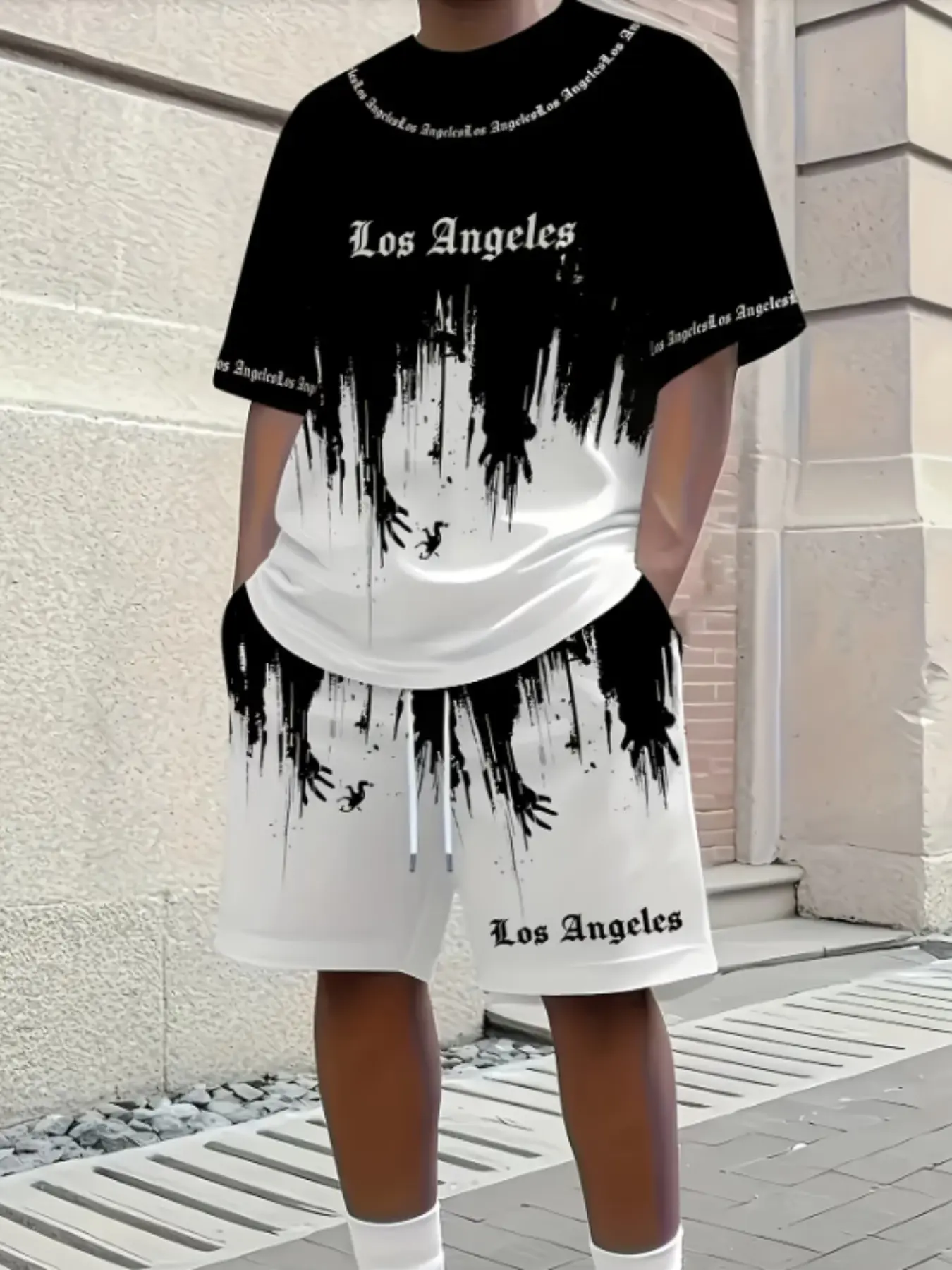 Men's Casual Short Sleeve Shorts Set, Comfortable Daily Wear, Fashion Lightweight Fabric Design, Slim-Fitting, Random Print