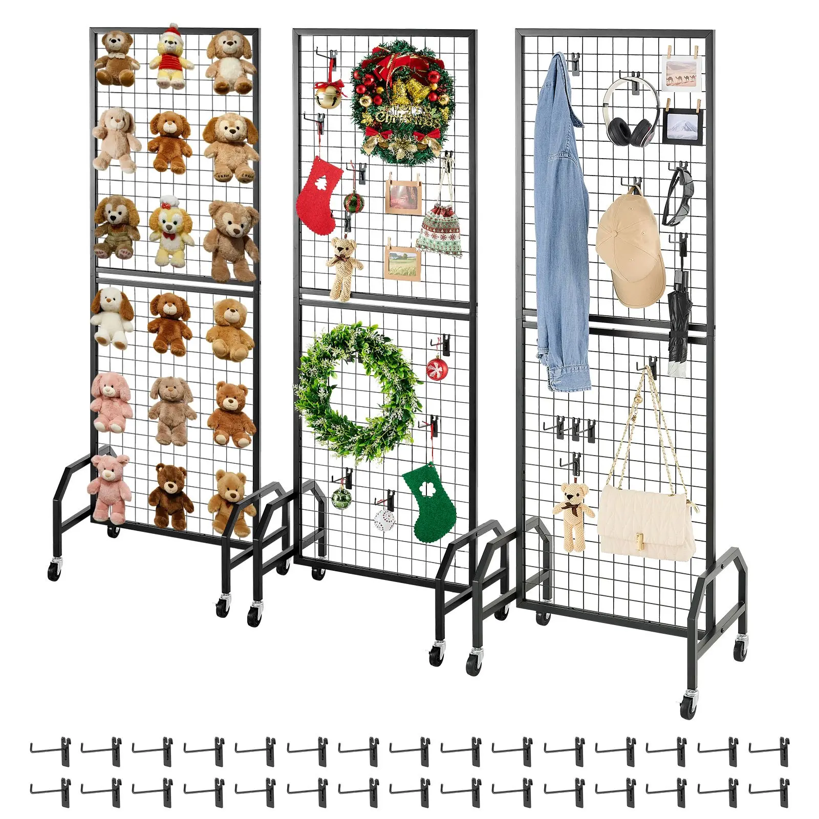 【Black Friday】VEVOR 3 Packs Grid Wall Panels, 1.9x 5.4 ft Wire Grid Panels Display Rack, Movable Art Display Shelf with Wheels and 30 Hooks, Black Carbon Steel Gridwall for Craft Show, Decor, Storage, Notice Board