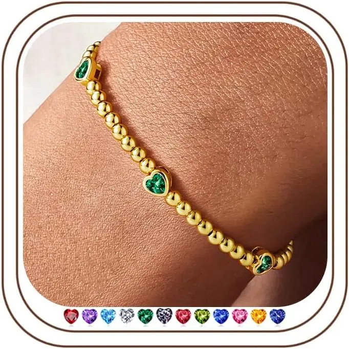 Heart Birthstone Bracelets for Girls Women,Beaded Bracelet| 14K-Gold-Plated,Stretch Beaded Bracelet,Dainty Heart CZ Birthstone,Birthday Gifts for Teenager Girls Women,Trendy Jewelry