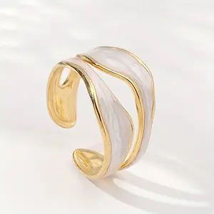 1pc Exquisite White/Dark Blue/Green/Steel White Enamel Creative Ring, Stainless Steel Irregular Opening Adjustable Ring For Men