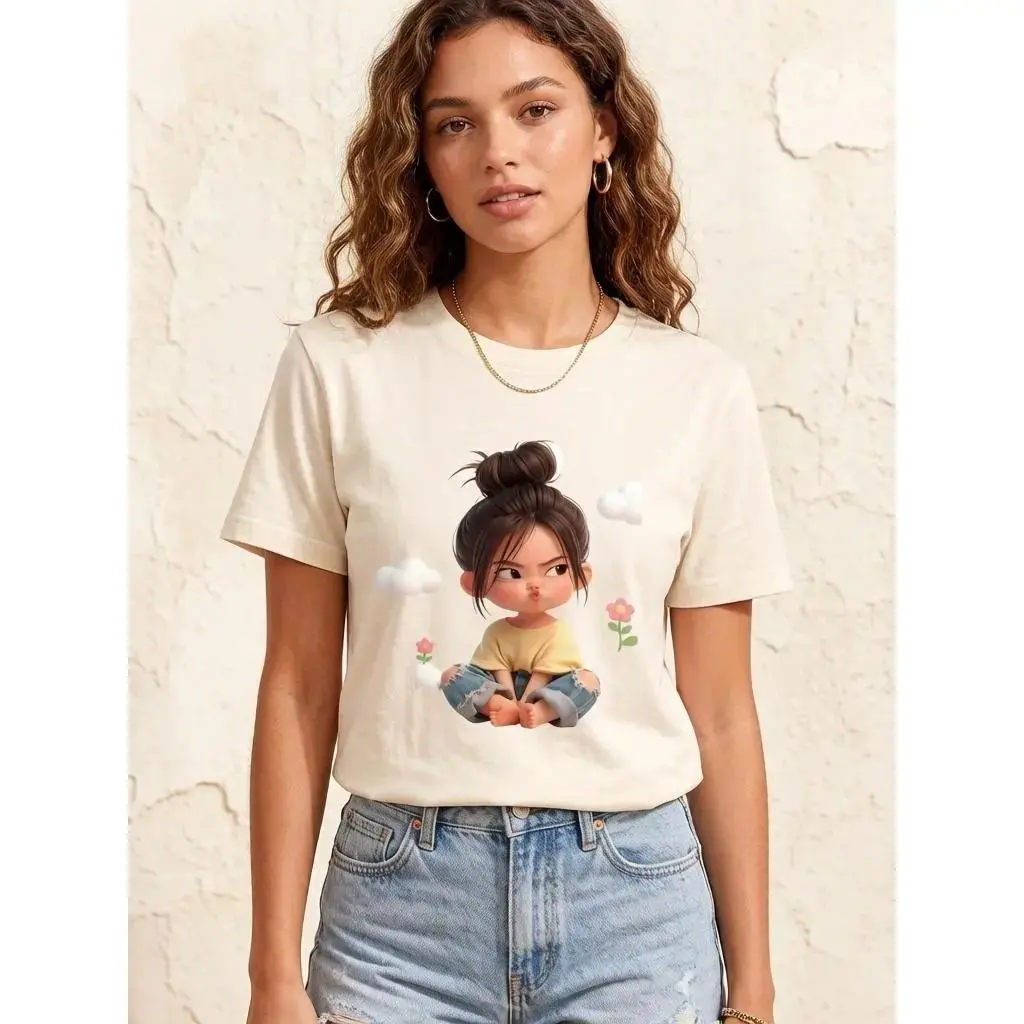 Women's Graphic T-shirt with a Cute Cartoon Print, Aesthetic Fitted Short Sleeve Crew Neck in Cotton for Outdoors, Easter, Valentines Day, Shortsleeve, Casual