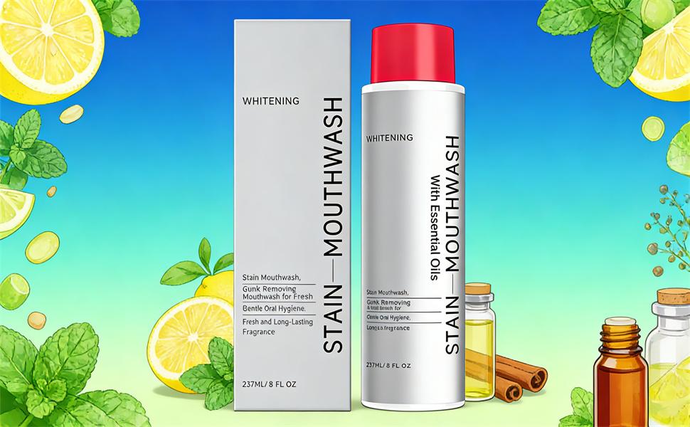 Stain Mouthwash, Gunk Removing Mouthwash for Fresh Breath, Gentle Oral Hygiene, Fresh and Long-Lasting Fragrance, with Essential Oils 237ml (2PCS)