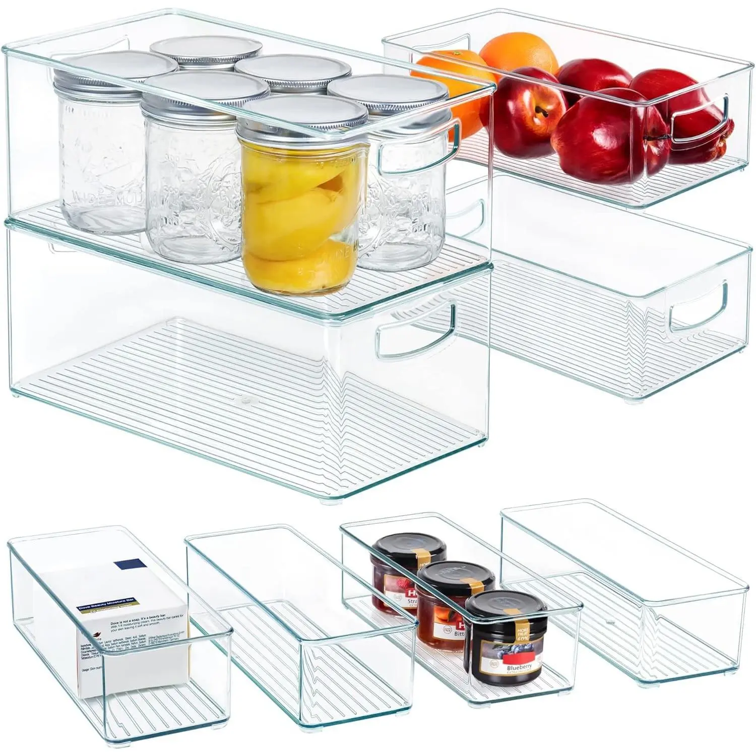 8 PACK Stackable Pantry Organizer Bins (3 Size) - Clear Fridge Organizer for Kitchen, Freezer, Refrigerator, Cabinet - Plastic Storage Container with Handle for Home
