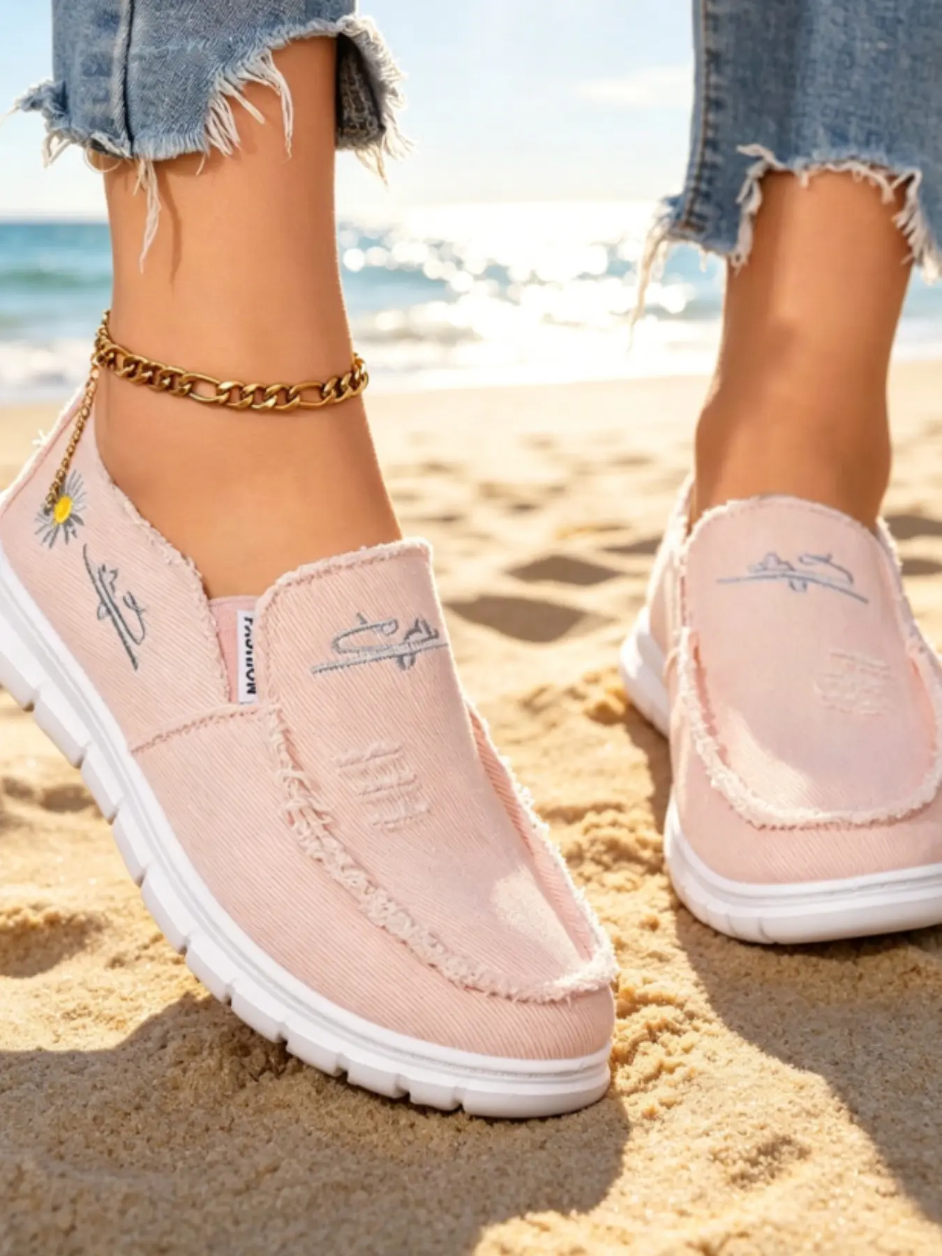 Women's Casual Embroidered Slip-On Loafers, Slip On Shoe, Comfortable Textile Upper, PVC Sole, Round Toe, Low Top, All Seasons, Medium Width