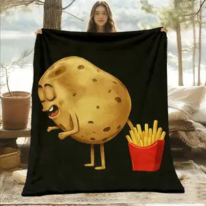 1pc Funny Potato & Fries Printed Flannel Blanket - Soft, Breathable 100% Polyester, Machine Washable, Contemporary Style, Perfect Gift for All Seasons, Cozy Home Decor, Playful Design, Highqualit