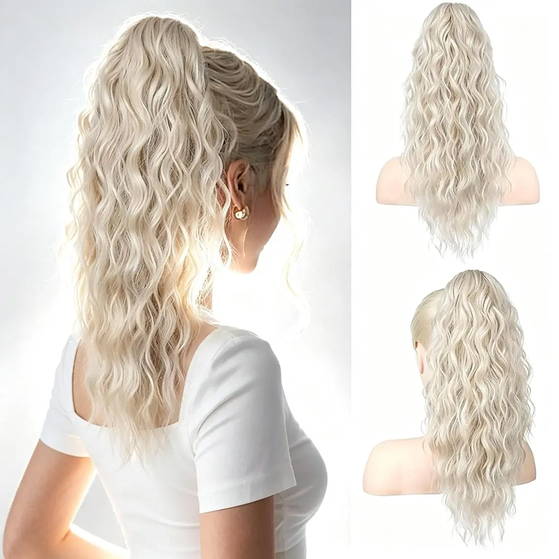 Lazy Girl Versatile Synthetic Hair Clip Ponytail Wig, Women's Corn Curl Water Wave Voluminous Long Wavy High Ponytail