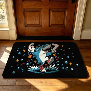 A rectangular indoor carpet featuring a cartoon shark and the number 67 lightning pattern. The design is surrounded by a non-slip felt and silicone border, making it soft and machine-washable. It's suitable for use as a dirt-resistant mat at the en