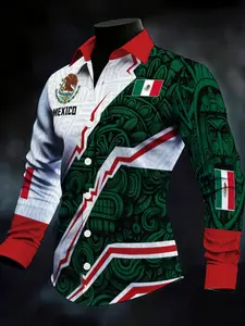 Men's Long Sleeve Shirt Mexican Cultural Elements Print Red And White Collar Green White Red Geometric Pattern Design Fashion Casual Men's Top Suitable for leisure and sports scenariosFootball Game Day Casual Outfit For Mexican Fa