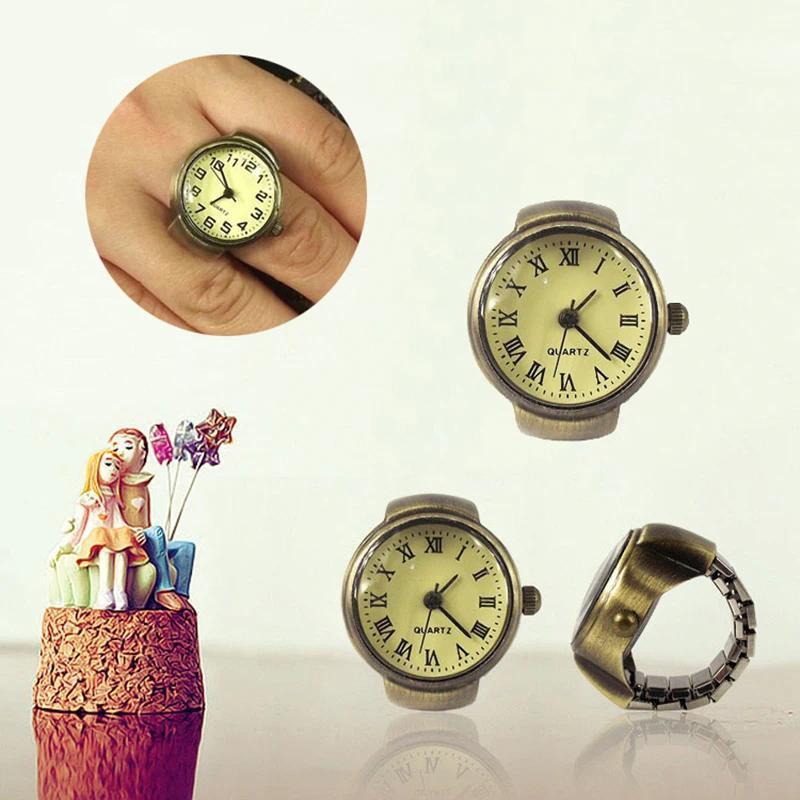 Vintage Punk Finger Watch Mini Elastic Strap Alloy Watches Couple Rings Jewelry Clock Retro Roman Quartz Watch Rings Women Men