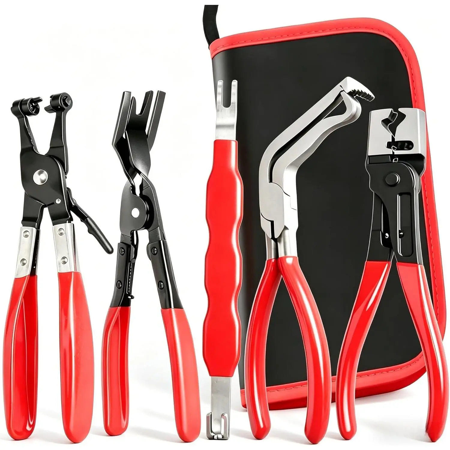 5 count Automotive Electrical Disconnect Pliers Kit, Connector , Straight Hose Clamp Plier, Single Ear Clamp Plier, 60? Angled Pliers, 2 in 1 Clip Pliers with Case
