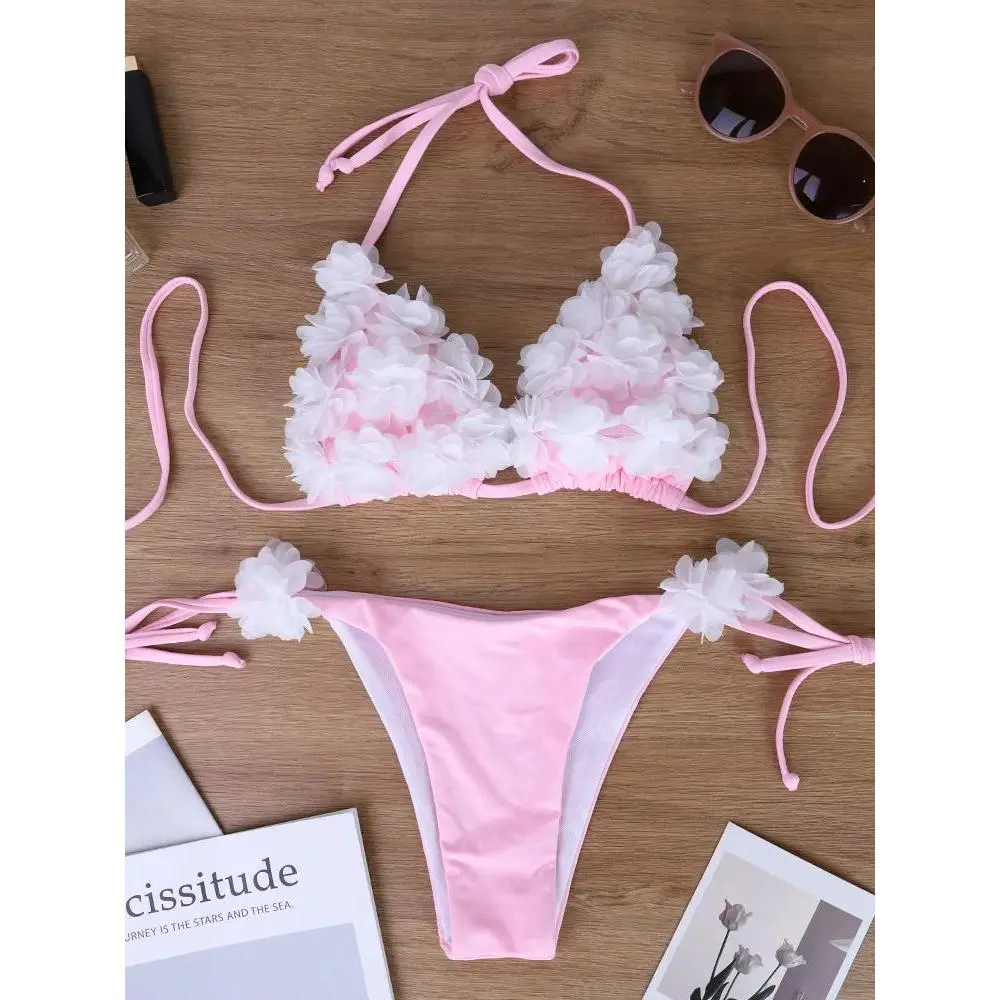 Handmade 3D Flower Vacation Wrap-Neck Tie Triangle Bottom Pink Bikini for Small Breasts, Lifts and Slims