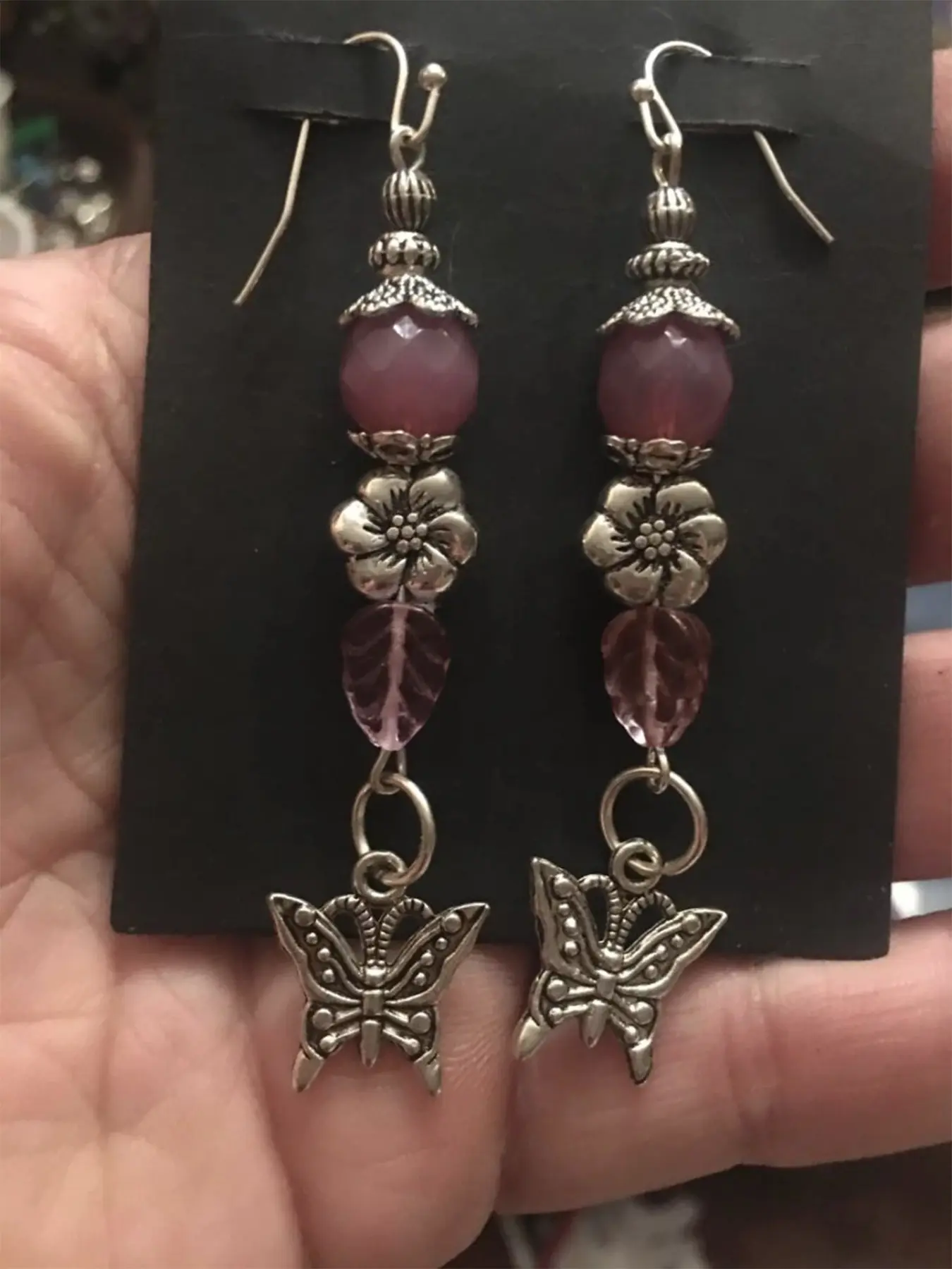 1 Pair Vintage Butterfly Flower Dangle Drop Earrings, Fuchsia Crystal Bead Long Tassel Hook Earrings, Boho Retro Daily Party Women Fashion Accessory