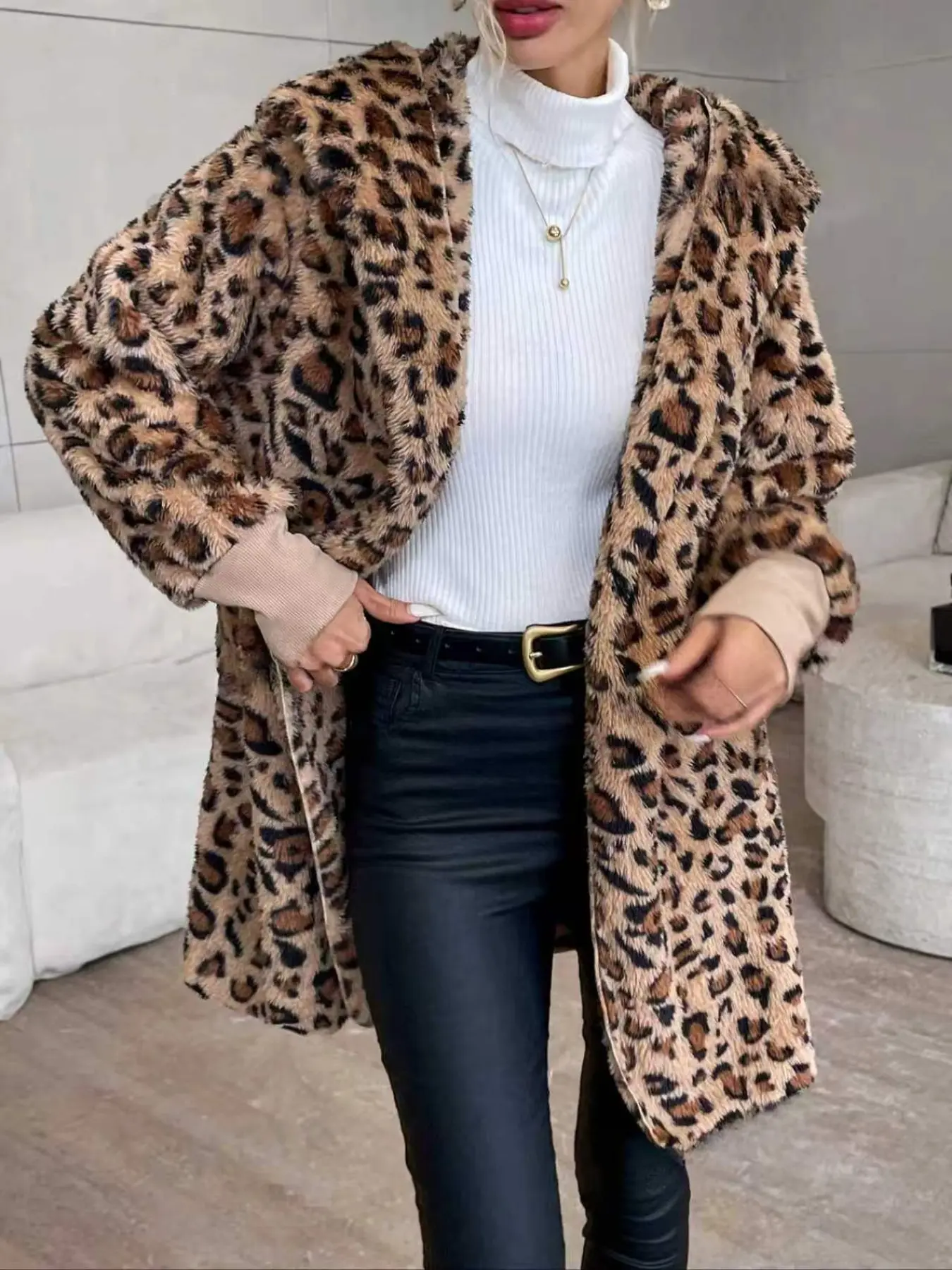 Women's Casual Leopard Print Fleece Lined Hooded Jacket, Thick Warm Autumn Winter Coat, Stylish Outerwear for Daily Wear
