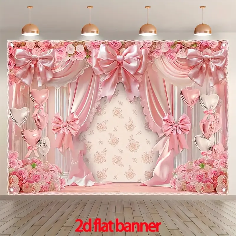 2D Falt Pink Bow Curtain Backdrop, Princess Room European Rose Print Wall Background, Heart Balloons Floral Babyshower Bow Coquette Party Decorations, Romantic Wedding Birthday Gifts Photo Booths Banner Supplies, Drilled Holes At The