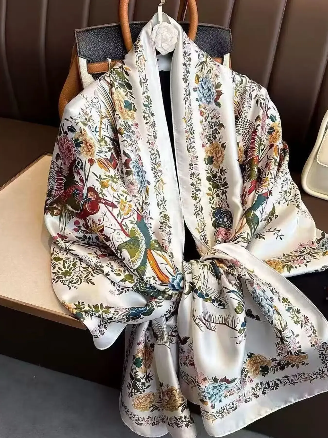 Vintage Floral Bird Print Satin Silk Scarf, Fashion Shawl, Floral Pattern Shawl, Elegant Loose-Fitting Design, All-Season Accessory, Made in China, Single Unit Count