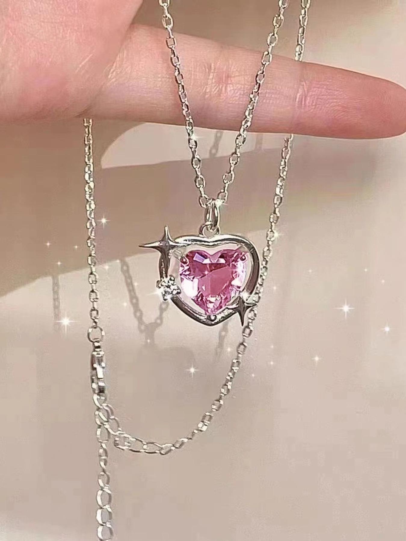 Women's Elegant Pink Rhinestone Decor Star Detail Pendant Necklace, Fashionable All-match Heart Shape Design Necklace for Party, Daily Clothing Decor for Girl, Dainty Necklace, Love Heart Necklace