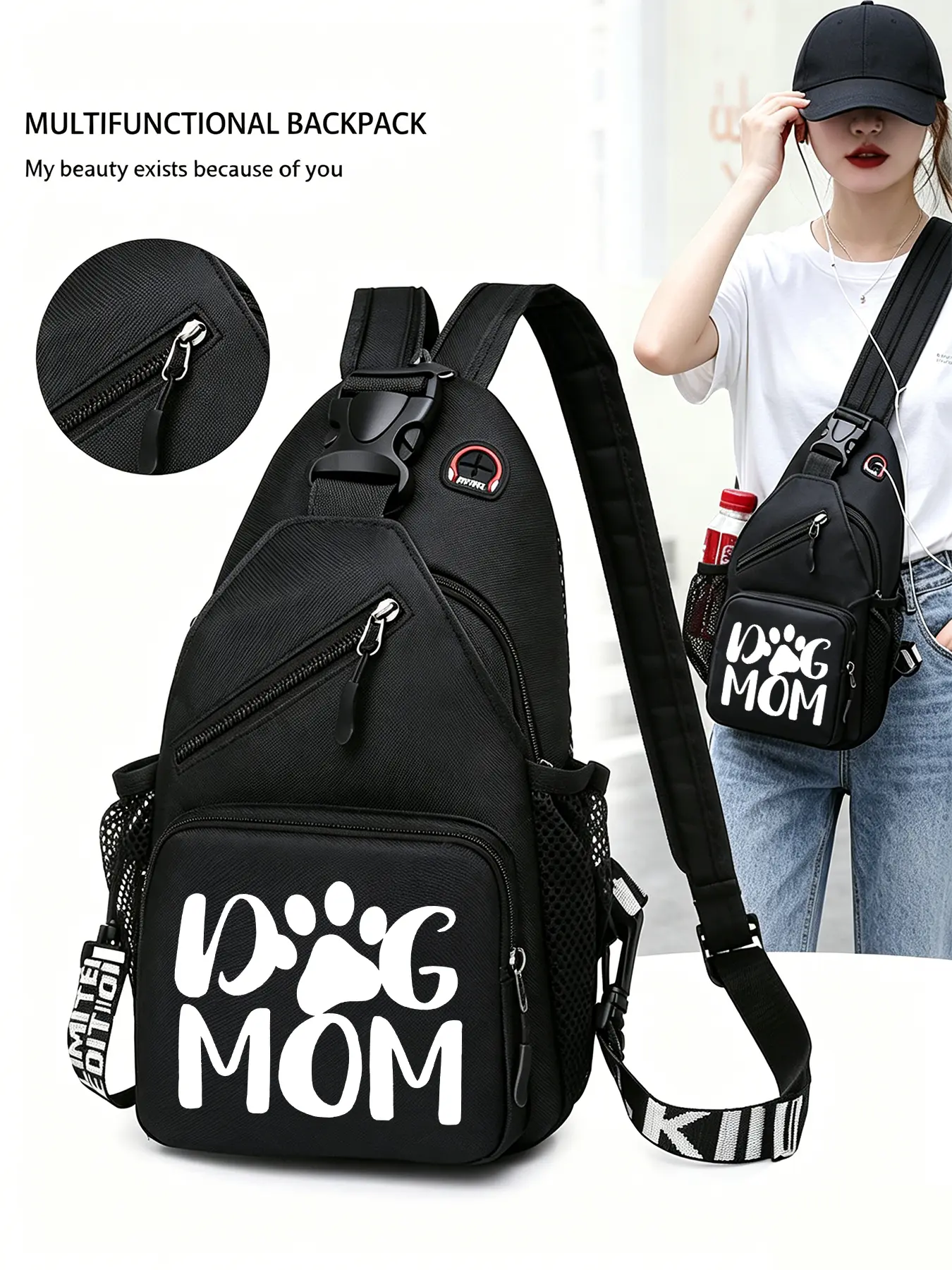 Cute Pet Theme Patterned Convertible Crossbody Bag/backpack, Multi-functional Chest Bag with Convertible Zippered Shoulder Strap, Multiple Pockets, Suitable for Travel, Sports, and Daily Commuting