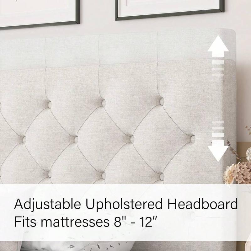 Linen Bed Frame with Button Tufted Headboard, Twin Full Queen  Sizes, No Box Spring Needed, Easy Assembly