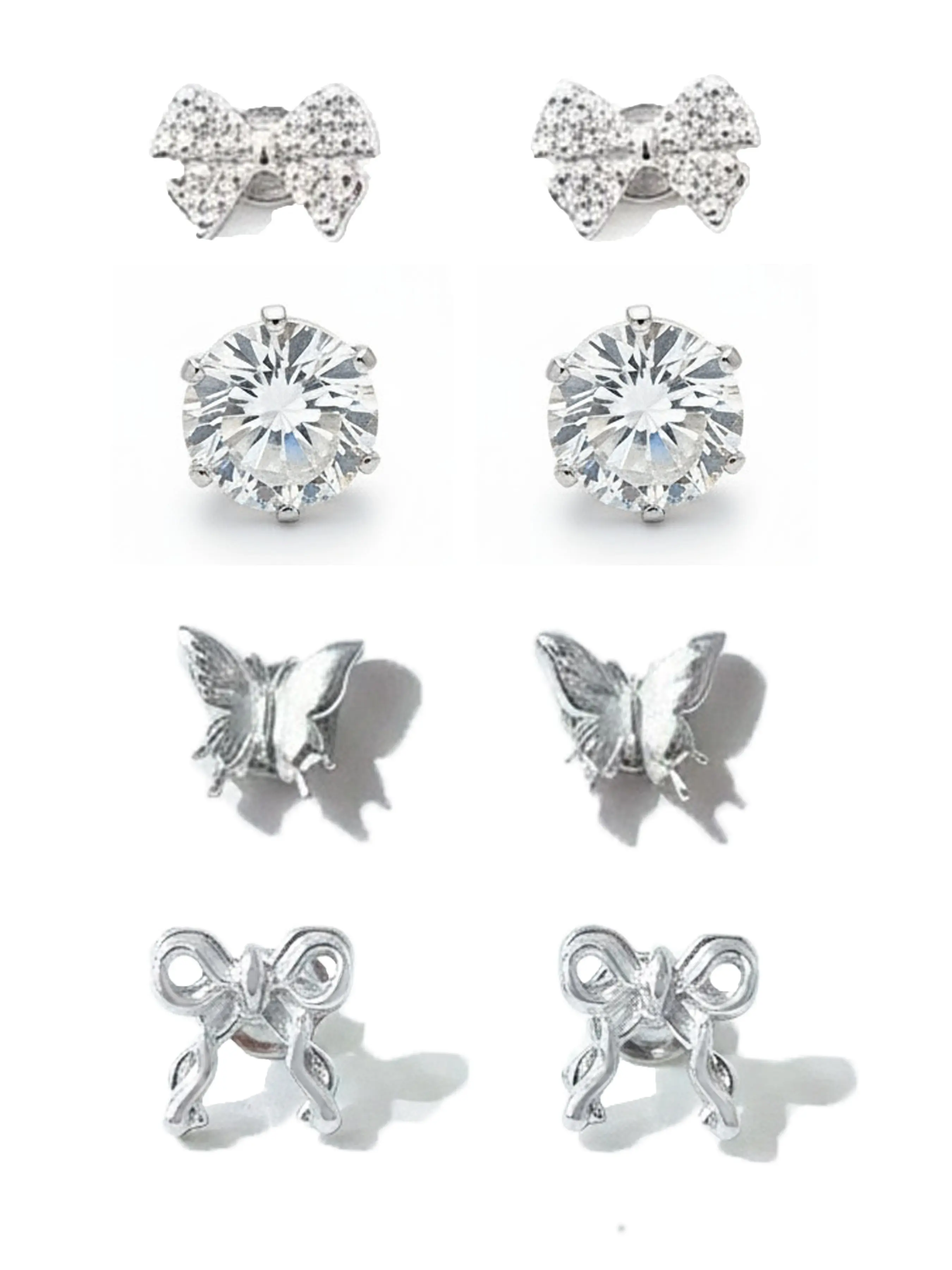 Acupressure Magnetic Clip on Earrings Set for Women, 4 Pairs Alloy Bow Butterfly, Round Cubic Zirconia, Non Piercing Ear Massage Studs, Fashion Ear Jewelry, Sparkling Ear Jewelry