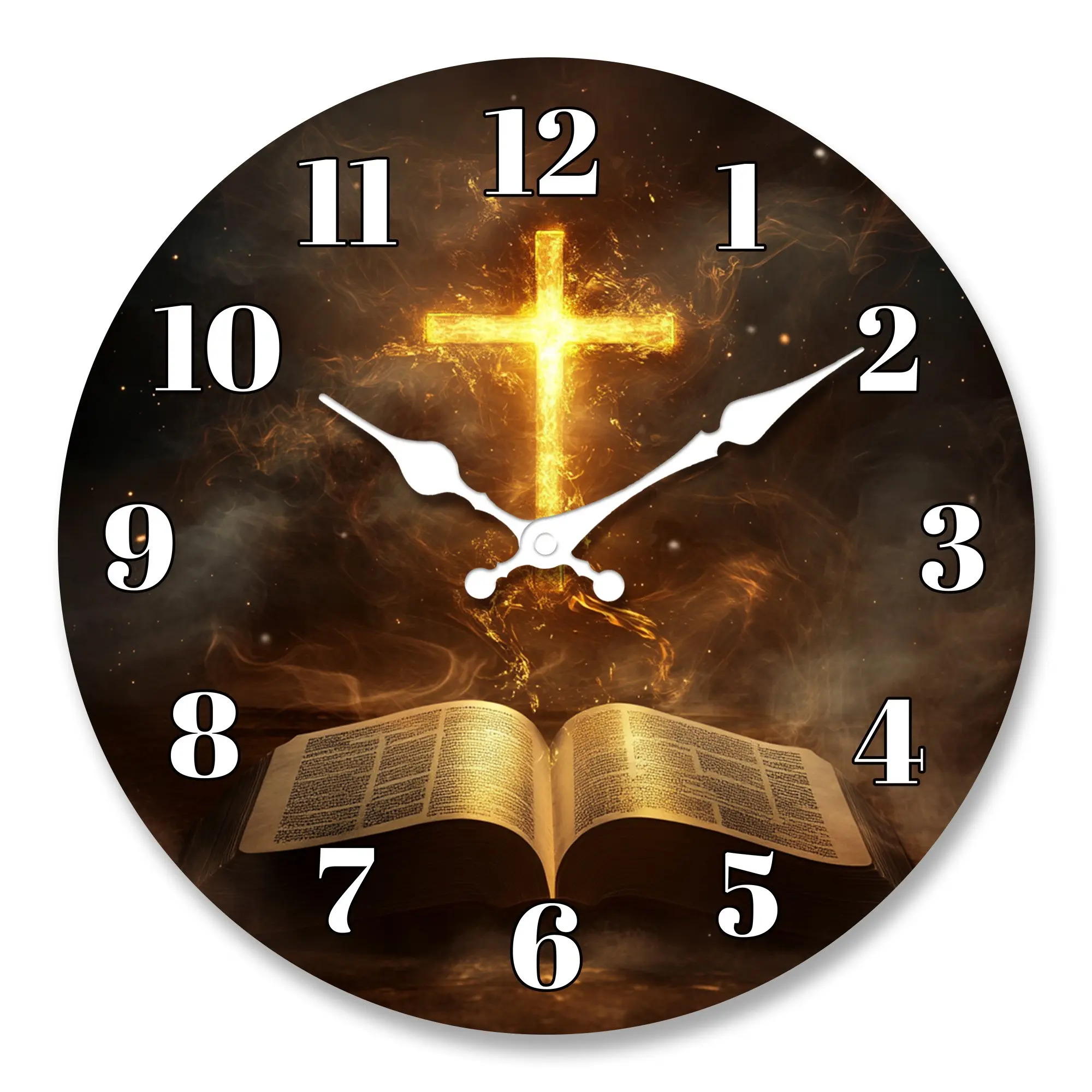 Silent Non-Ticking Bible Cross Wall Clock with Flame Effect and Bible Verse Design for Living Room, Bedroom, Church Decor, Modern Home Gift for Valentine's Day, New Year, Birthday, Low Voltage