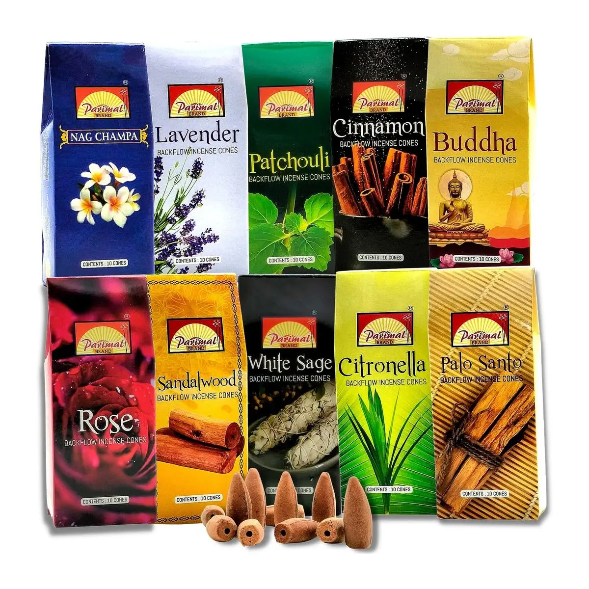 Waterfall Fountain Incense Cones Variety Pack - 10 Scent Variants, 100 All Natural Incense Cones (Dragons Blood, Lavender, Nag Champa, Palo Santo) with Natural Herbs, Meditative Smoke Effect, Home Fragrance Gift Idea