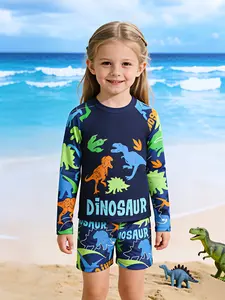 Two Piece Boys Bathing Suit, Navy Cartoon Dinosaur Swimwear, Breathable & Slim Fit, Sun Safe Design, Ideal for Summer Vacation & Water Games