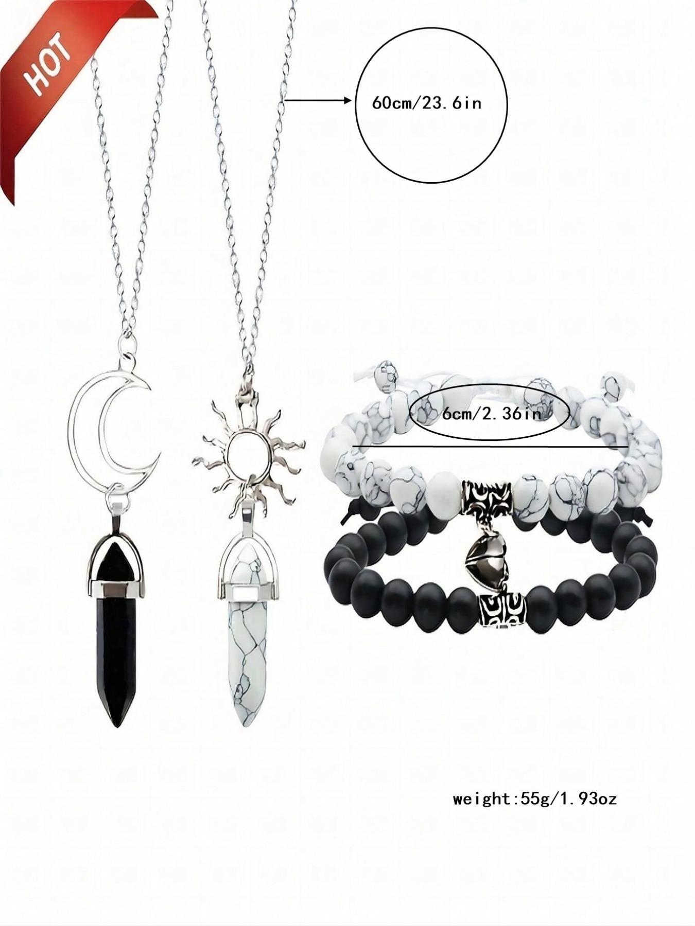 Unisex Fashion Marble Heart Magnet Beaded Bracelet & Moon & Sun Pendant Necklace, Matching Jewelry Set, Fashion Jewelry for Party, Daily Clothing Decor, Trendy All-match & Exquisite Jewelry for Birthday Gift