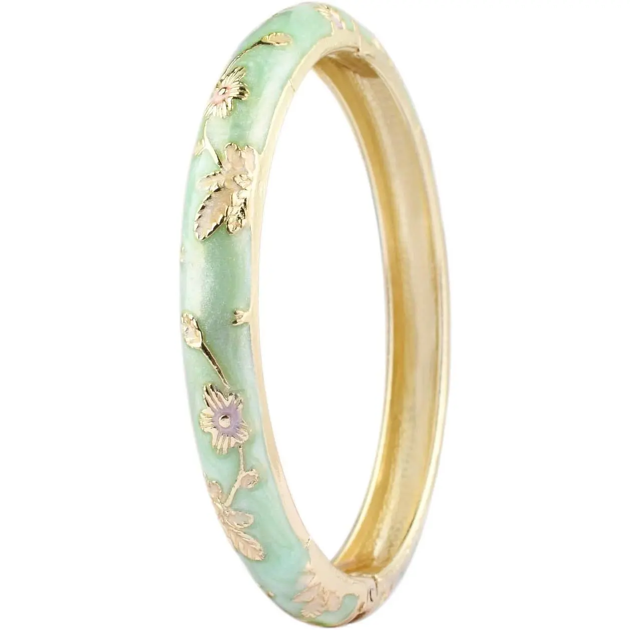 Women's Modern Round Cloisonné Work Bangle - Small Floral Chinoiserie Bracelet, Elegant Female Wear Summer Gift, Round Bangle, Spring Hinge, Casual Dressy